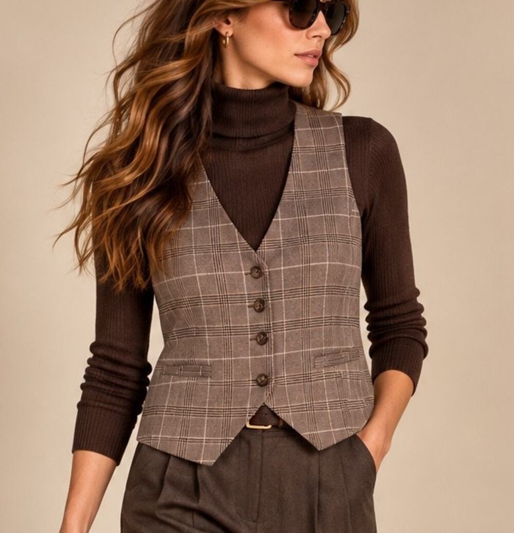 BLANKNYC Womens Plaid Tailored Vest Size L Brown Preppy Academia Heritage Work